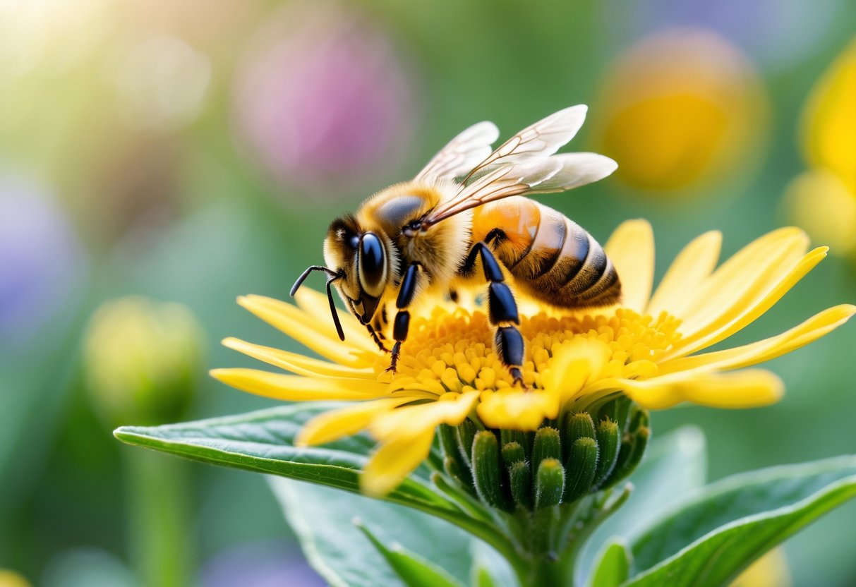 A honeybee sitting on a yellow flower surrounded by green leaves and other flowers.