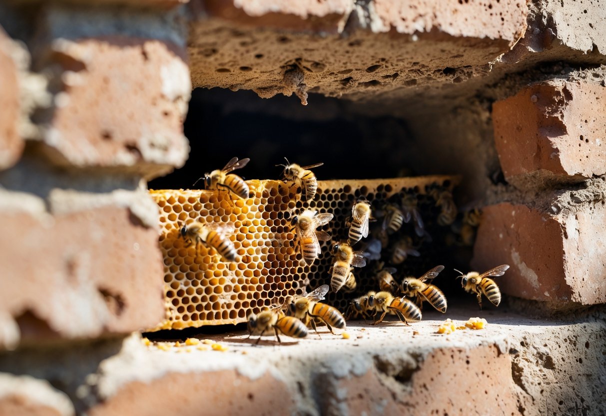 Close-up view of a brick wall cut away to show a honeybee hive with bees inside tending to honeycomb.