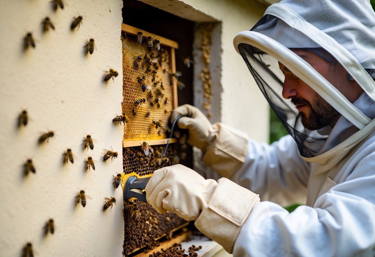 A beekeeper in protective gear removing a bee colony from inside a wall cavity of a house.