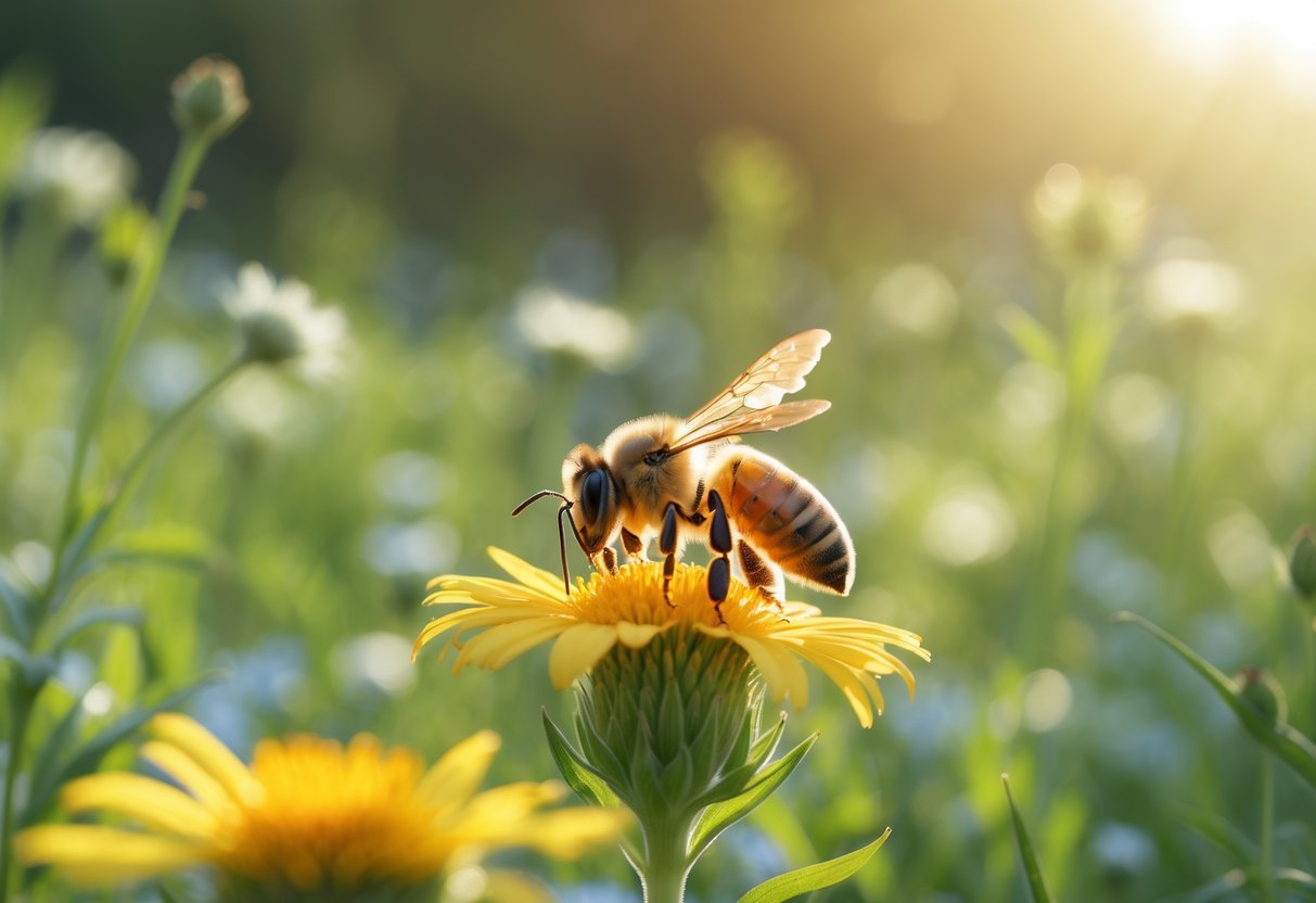 A honeybee collecting nectar from a yellow flower in a sunlit meadow surrounded by wildflowers and green plants.