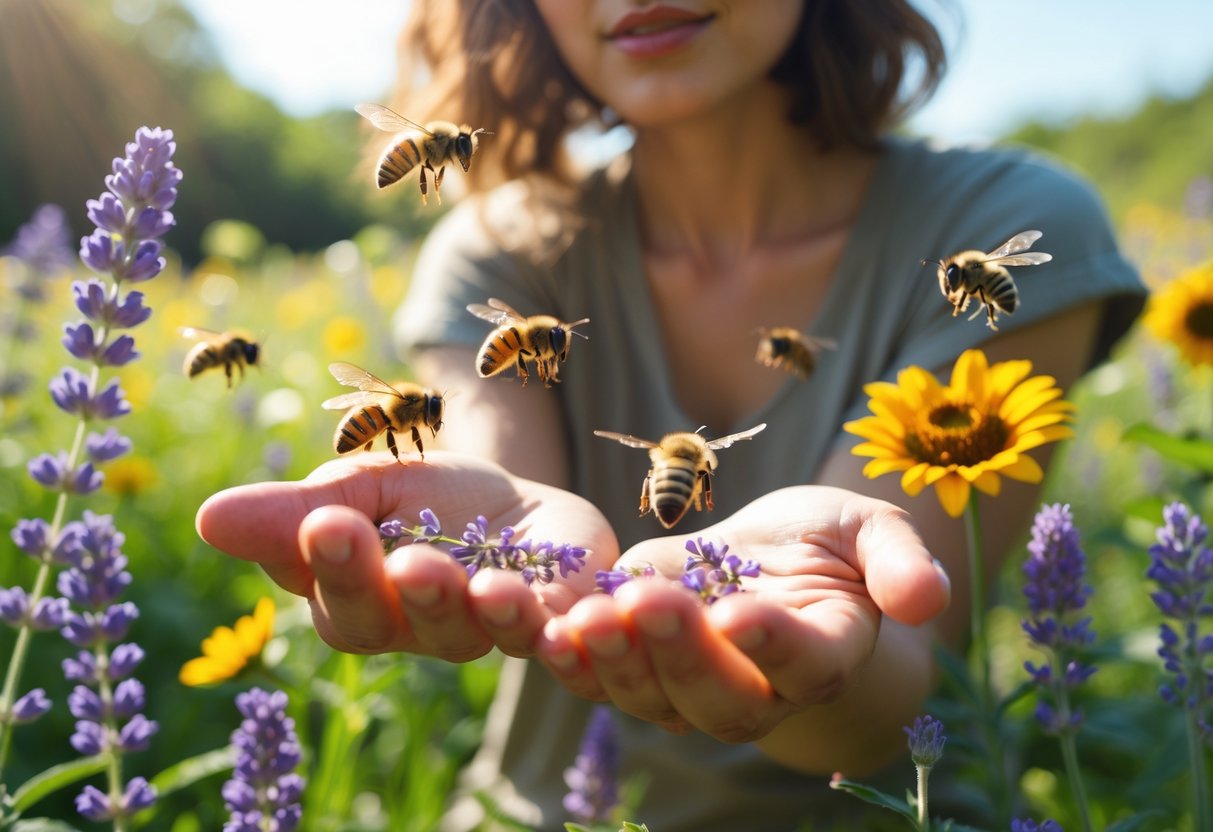 A person outdoors surrounded by blooming flowers with bees hovering nearby.