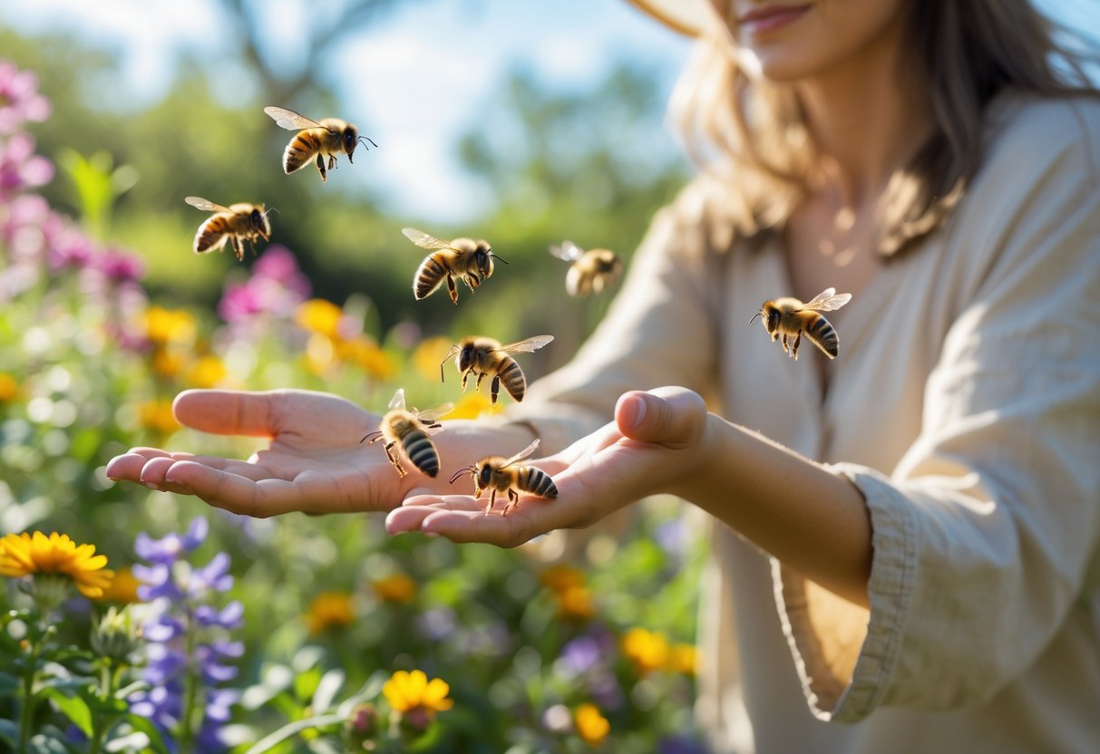 A person outdoors in a garden with bees hovering around their hands and arms among flowers.