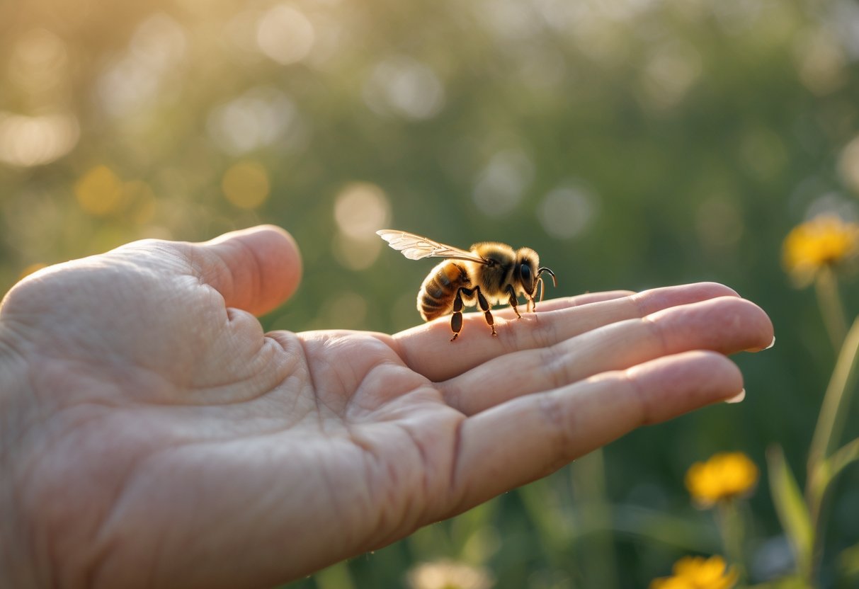 A bee gently landing on a person's open hand outdoors with wildflowers in the background.