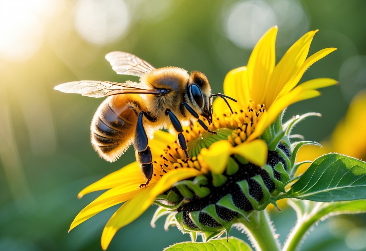 A honeybee sitting on a bright yellow sunflower with green leaves and sunlight in the background.