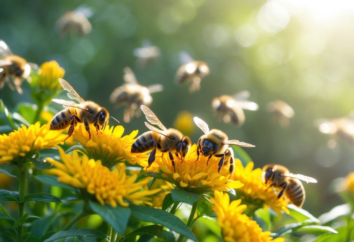 Close-up of bees on yellow flowers in a natural outdoor setting.