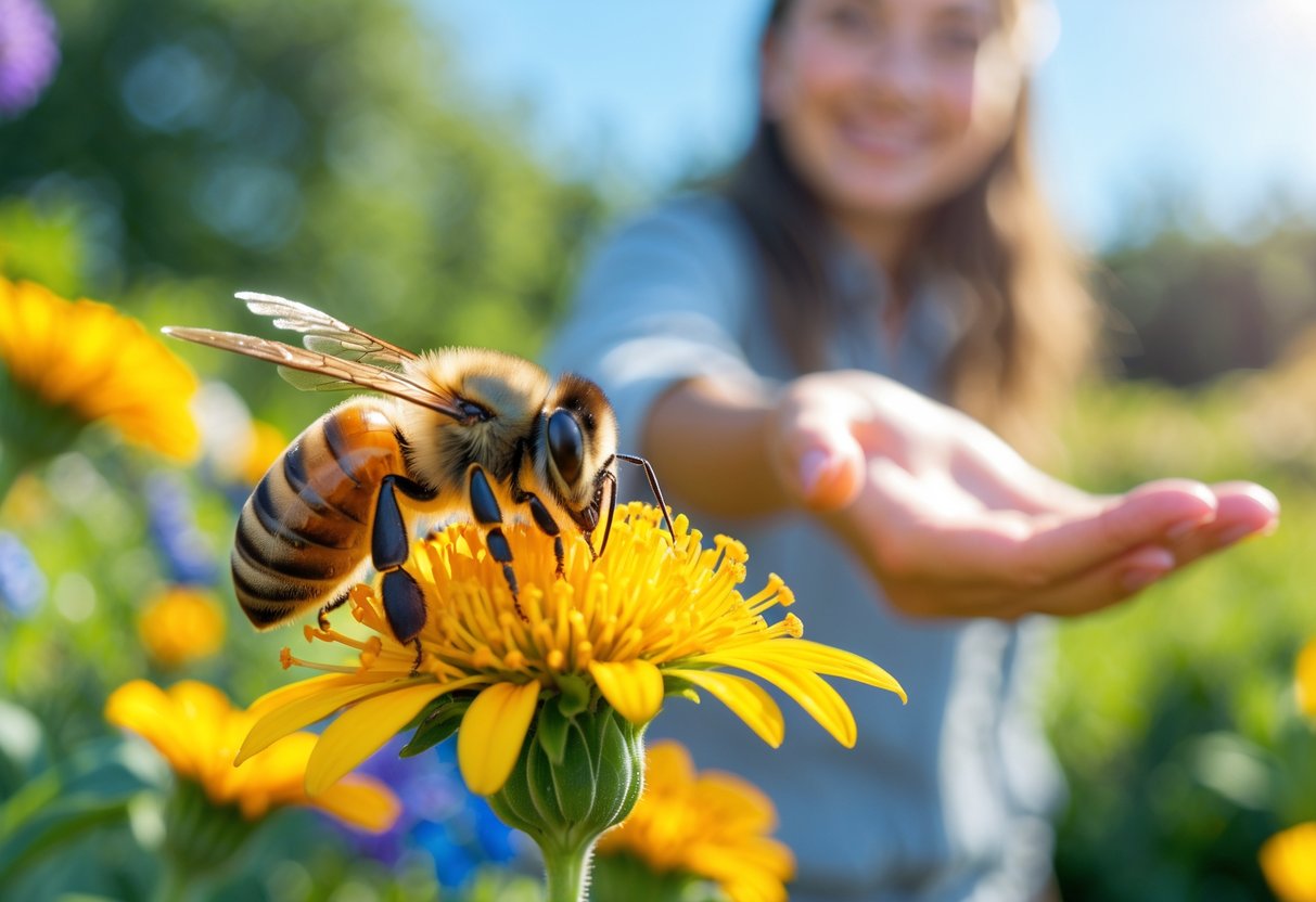 A honeybee on a yellow flower with a person reaching out their hand in the background.