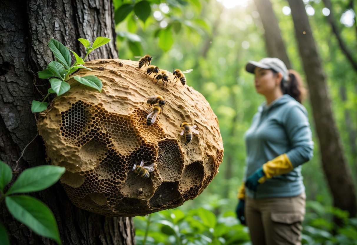 A bees' nest attached to a tree with bees flying around it, while a person watches from a distance.