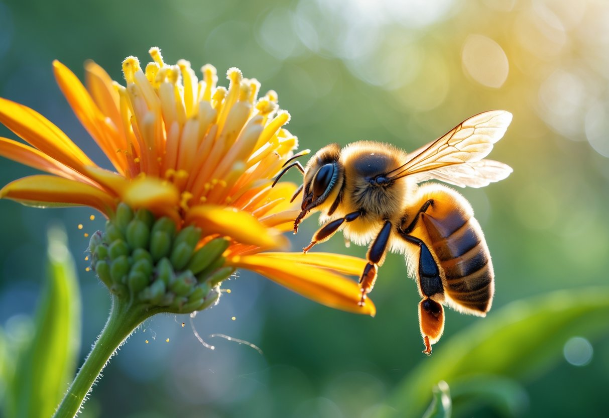 A bee hovering near a bright flower in a natural outdoor setting.