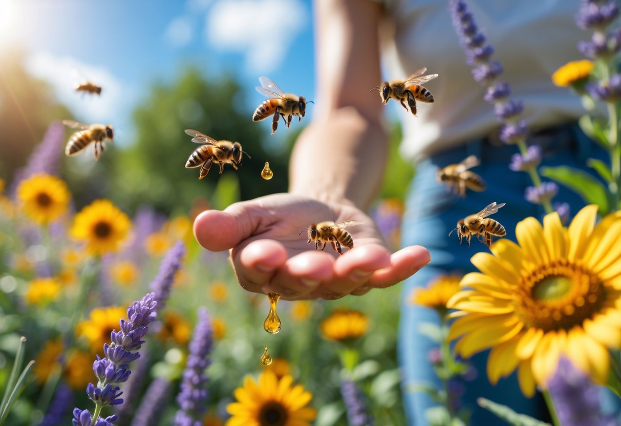 A person outdoors in a garden holding out their hand with bees flying nearby among blooming flowers.