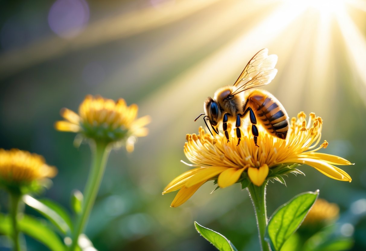 Close-up of a honeybee on a golden flower with sunlight filtering through a garden background.