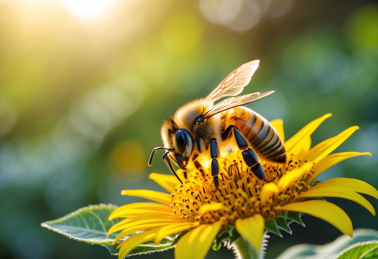 Close-up of a honeybee sitting on a yellow sunflower petal with green foliage in the background.