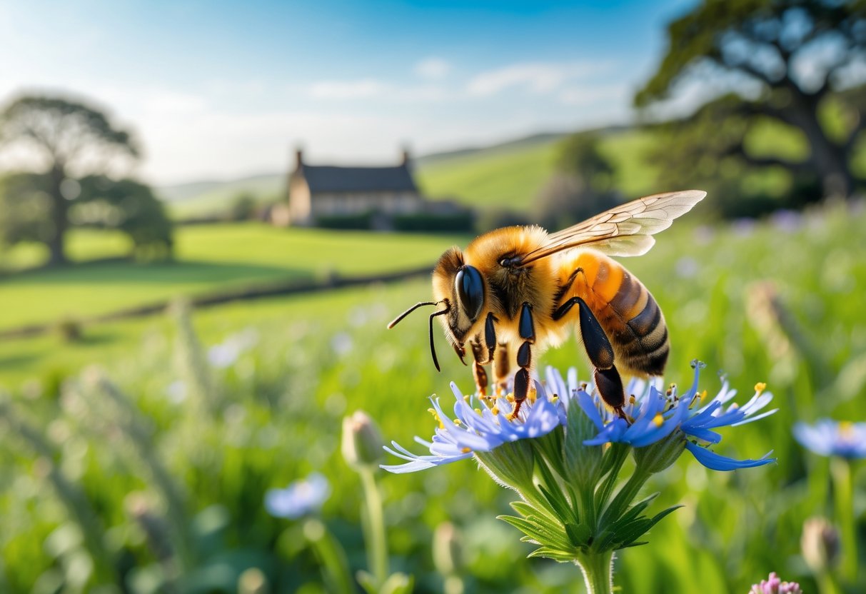 A close-up of a honeybee on a wildflower with green hills, trees, and a cottage in the background.