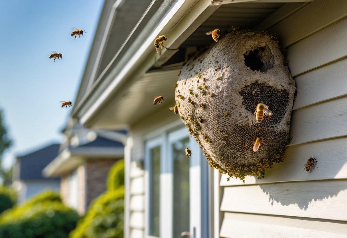 Close-up of a bees' nest attached under the roof eaves of a suburban house with bees flying around it.