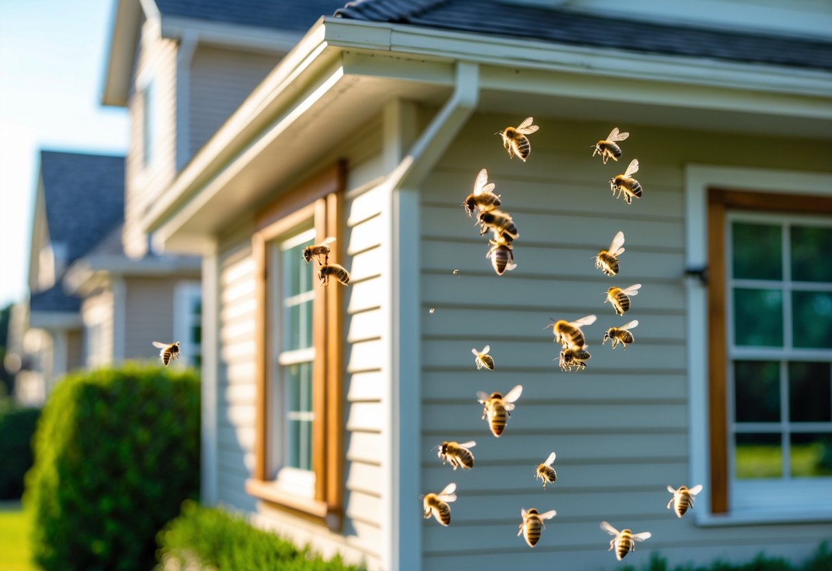 Bees flying near the exterior of a suburban house around the window and roof area.