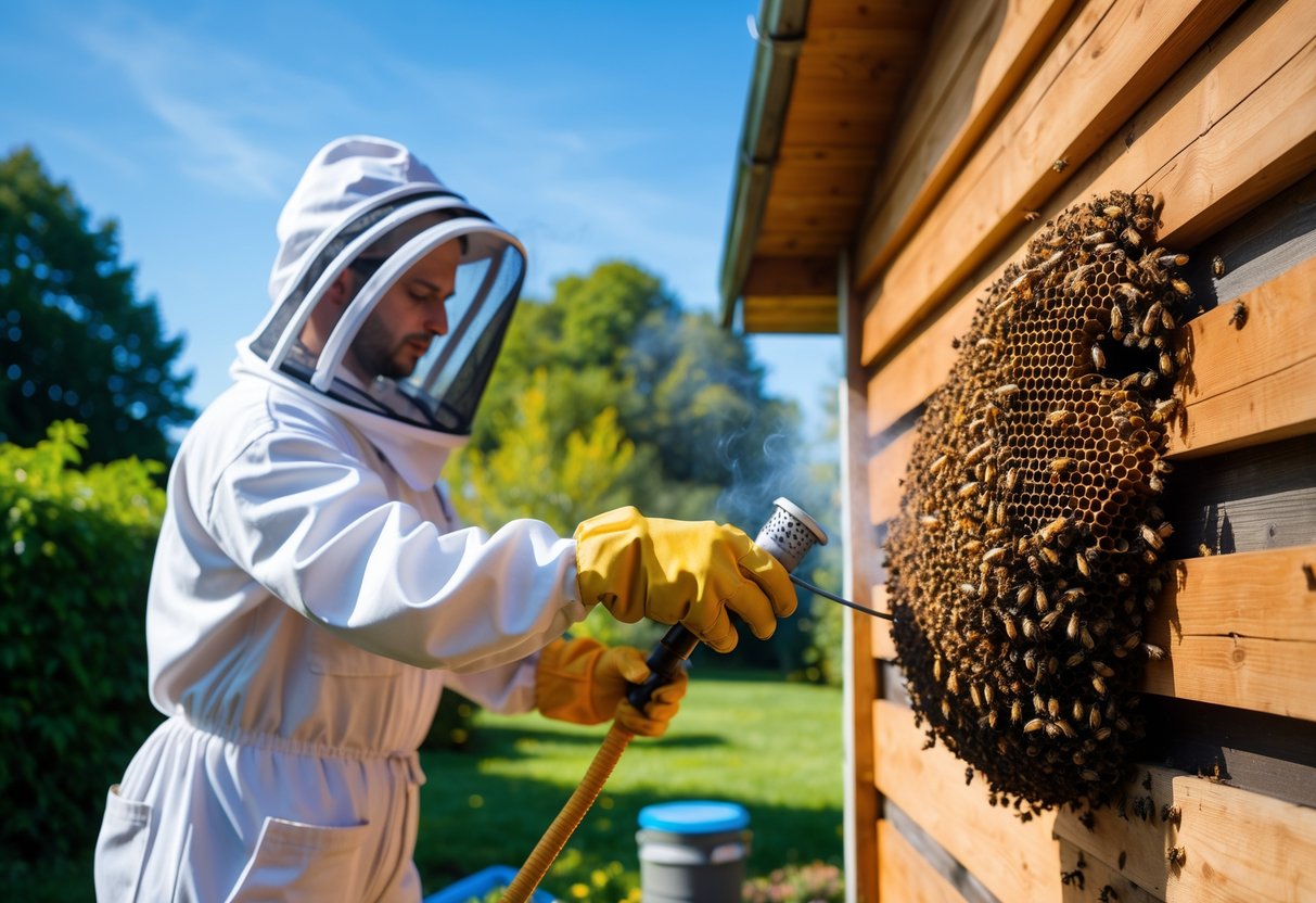 Person in protective clothing removing a bee's nest from a wooden house with a smoker tool in a sunny garden.