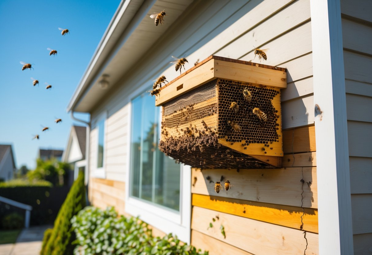 A house exterior with a large beehive attached near the roof and bees flying around it.