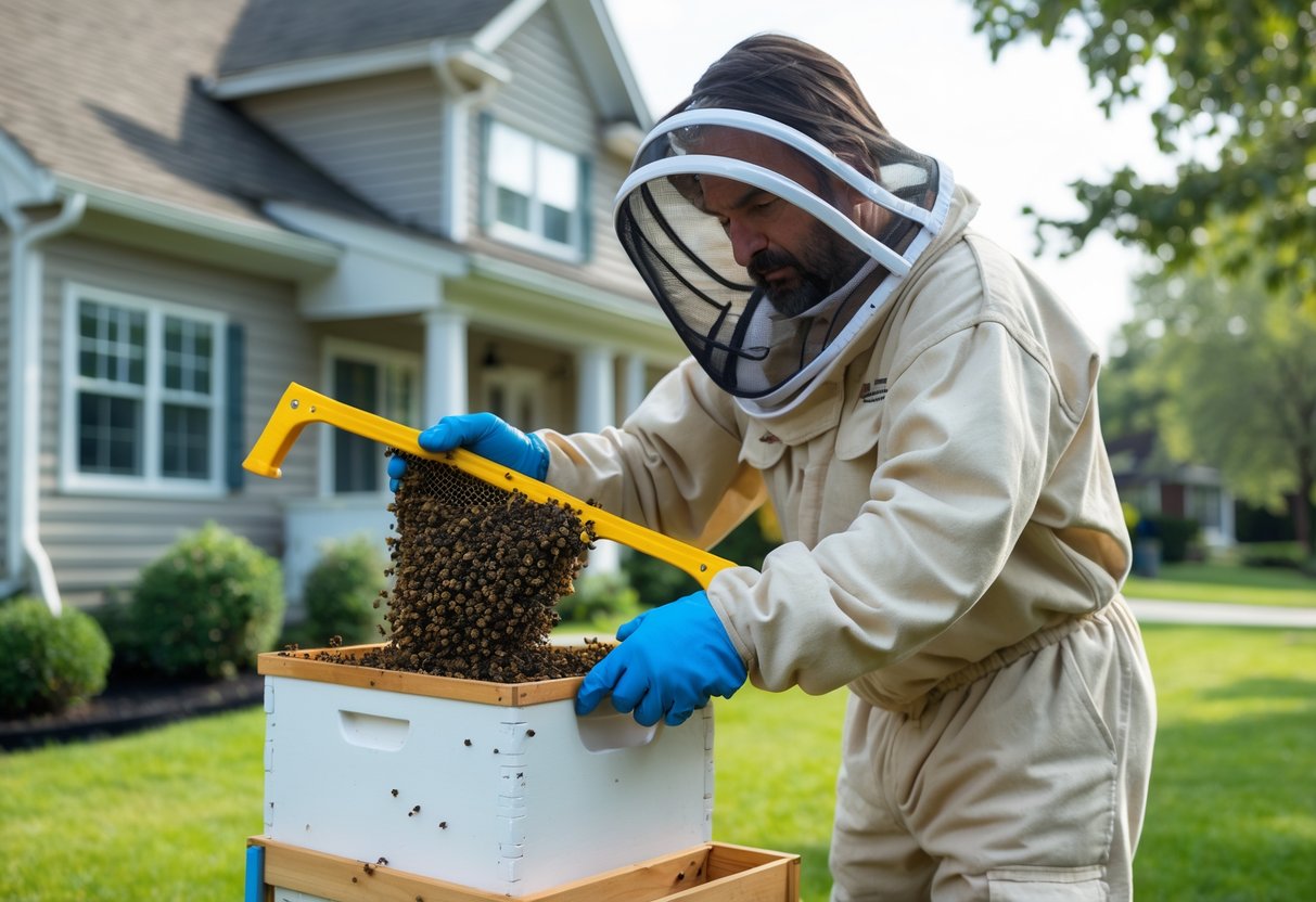 A beekeeper in protective clothing safely removing a bee swarm from the outside of a house.