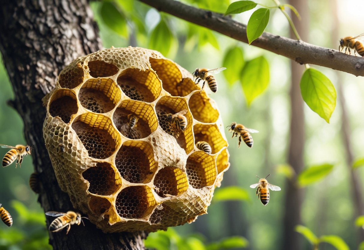 Close-up of a bees' nest with honeycomb cells and bees on a tree branch in a forest.