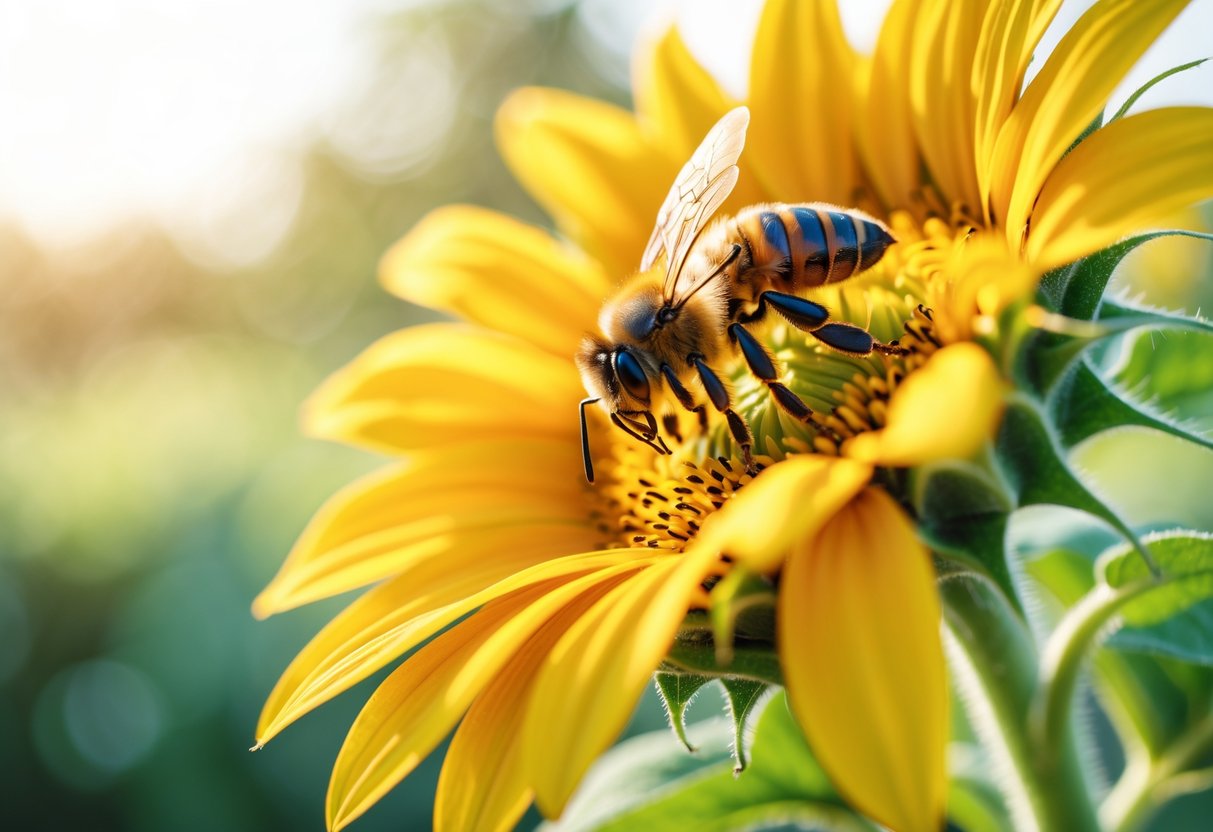 A honeybee sitting on a yellow sunflower with green blurred background.