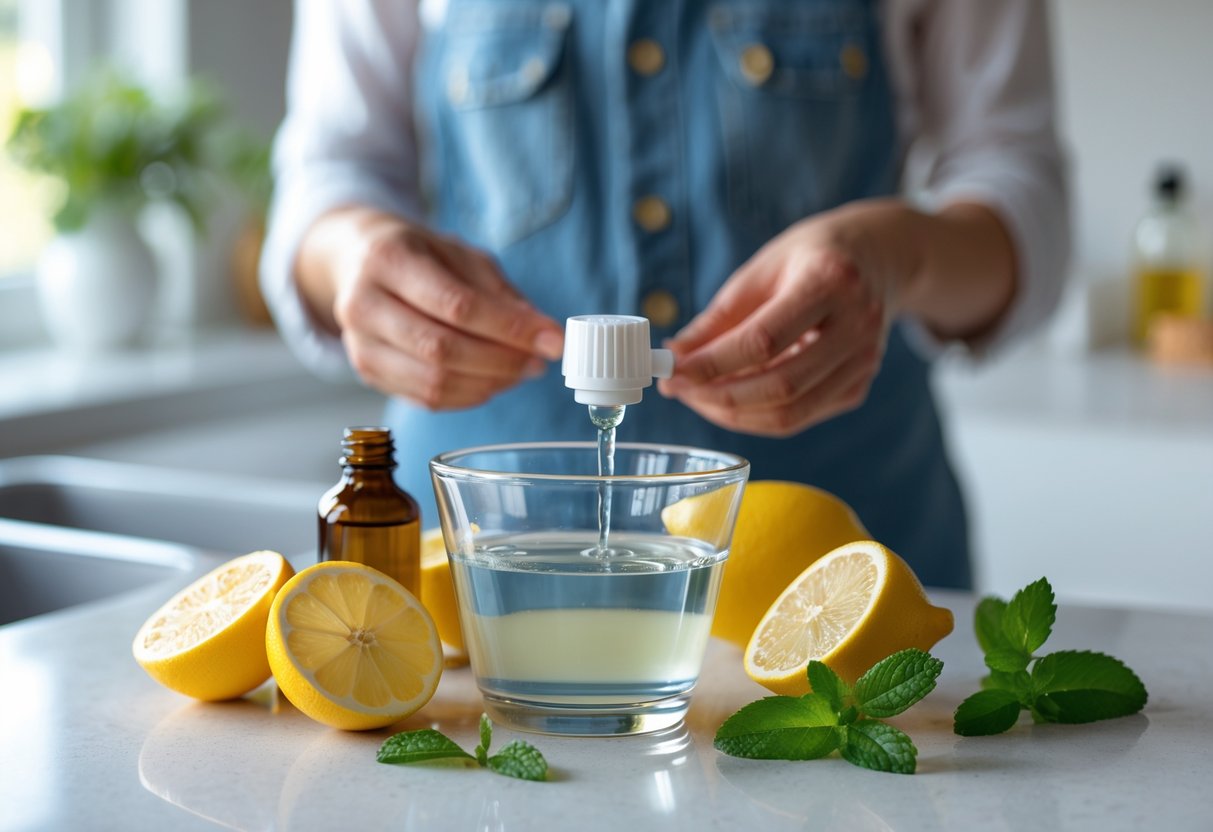 A kitchen countertop with a bowl of homemade bee killer mixture surrounded by lemon slices, vinegar, mint, and a hand holding a spray bottle.
