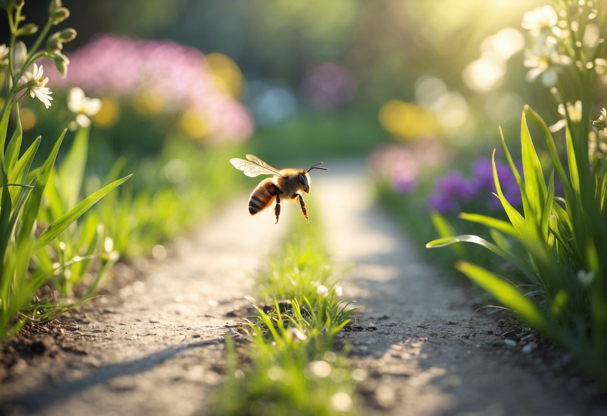 A bee flying over a sunlit garden path surrounded by grass and flowers.