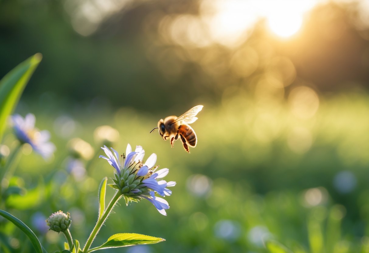 A close-up of a honeybee hovering near a blooming wildflower in a sunlit meadow with green plants in the background.
