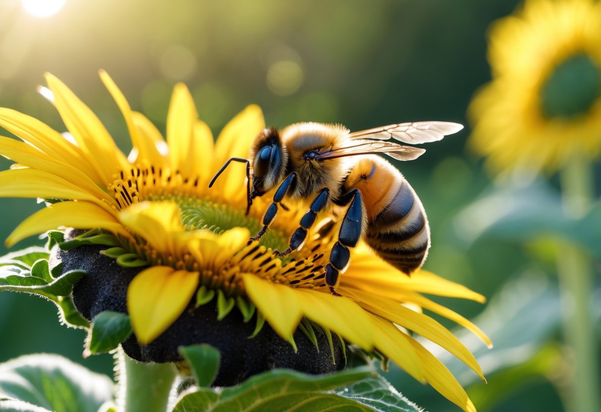 A honeybee resting on a yellow sunflower with green foliage in the background.