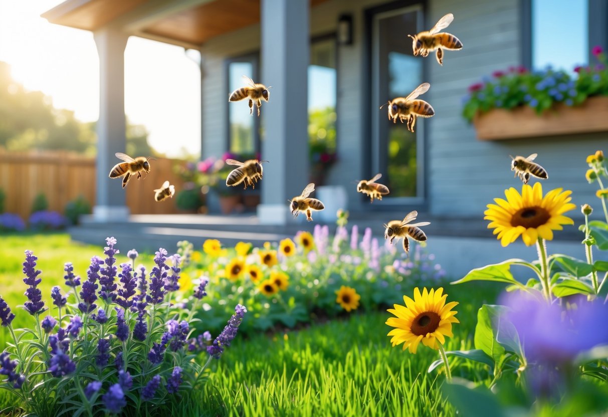 Bees flying around colorful flowers near the porch of a house on a sunny day.