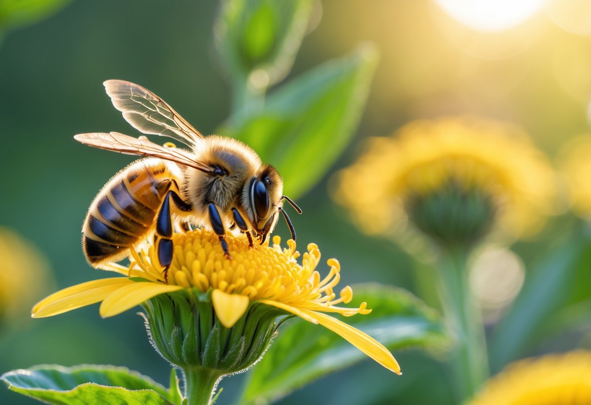 A honeybee resting on a yellow flower with green leaves blurred in the background.