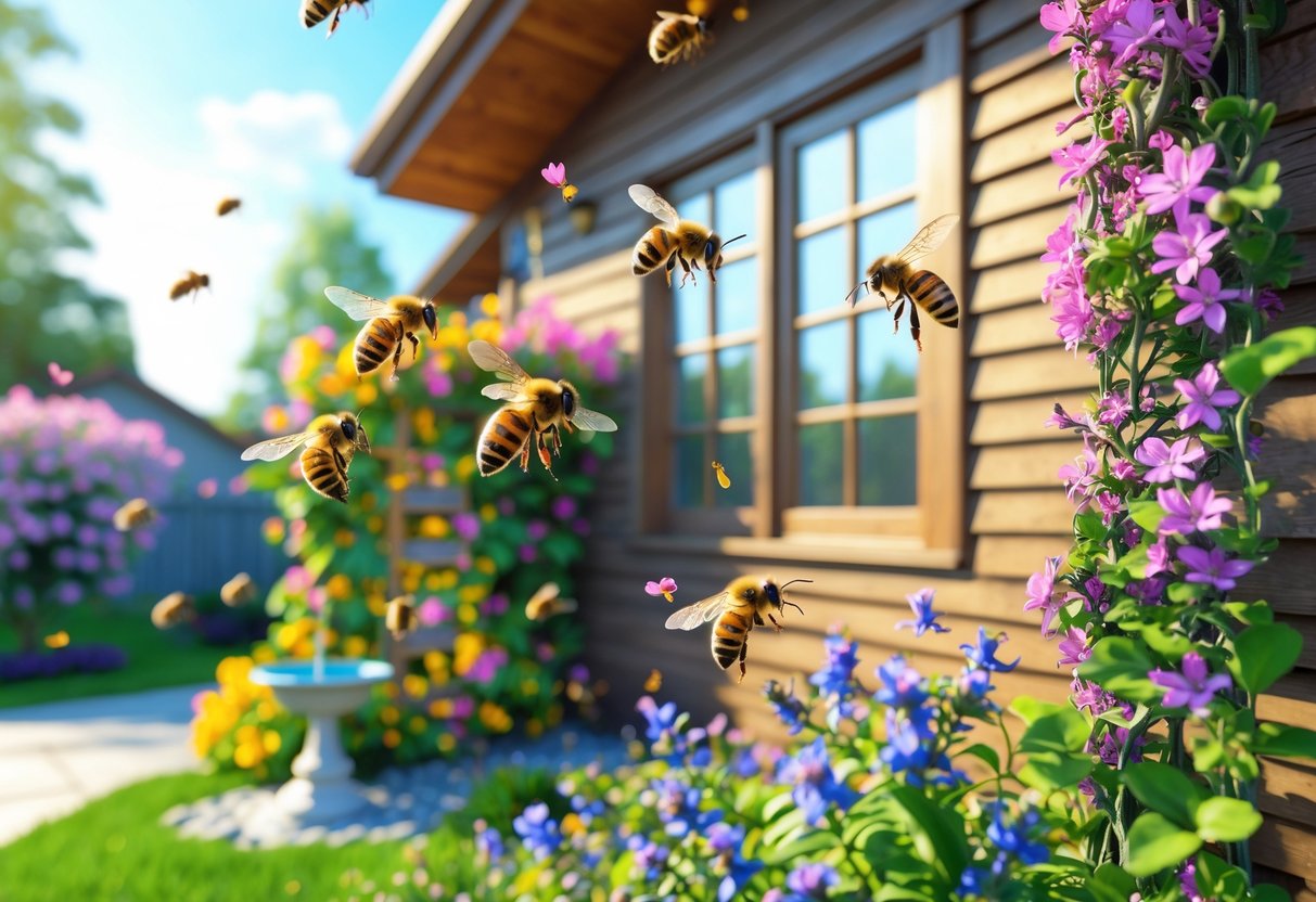 A suburban house exterior with colorful flowering plants attracting honeybees flying and landing on the flowers.