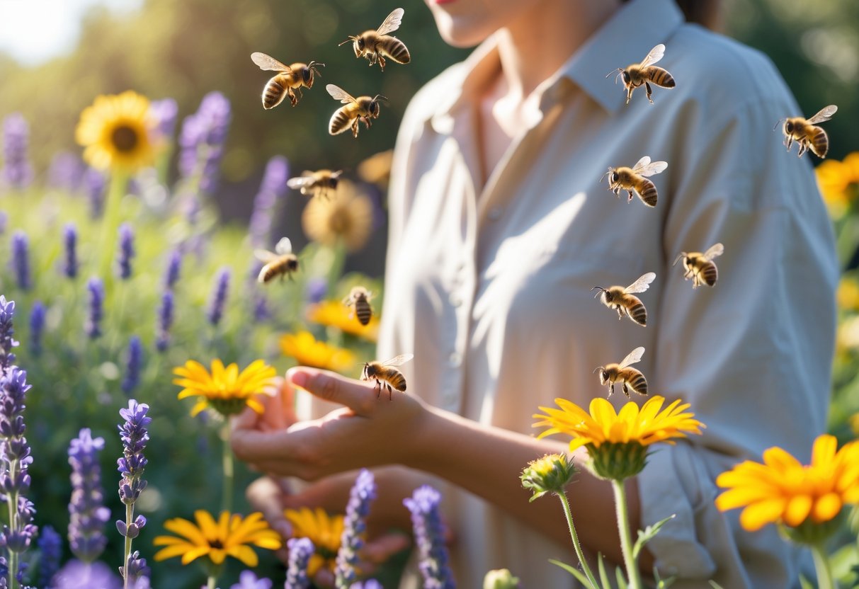 A person standing in a garden with blooming flowers while bees hover around the flowers near them.