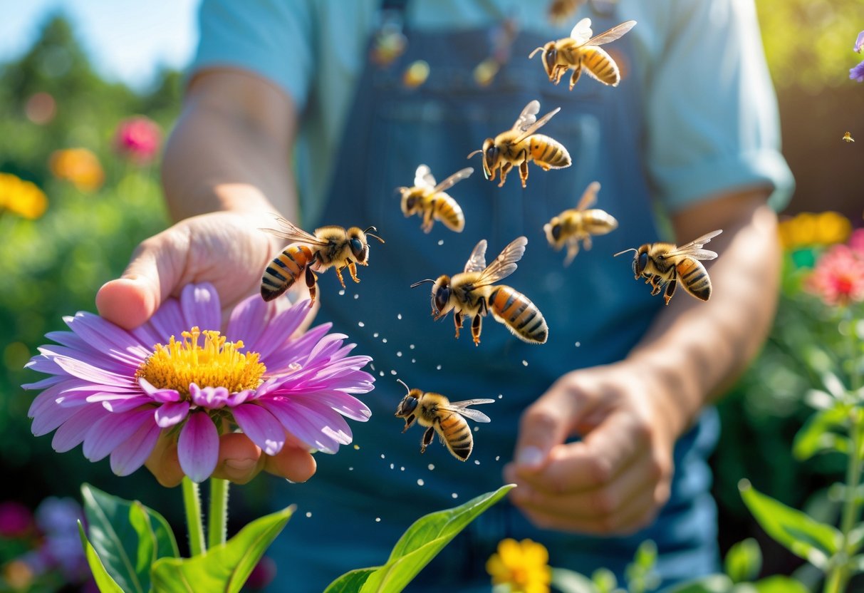 A close-up of a person's hand holding a blooming flower with bees hovering and landing on it in a sunlit garden.