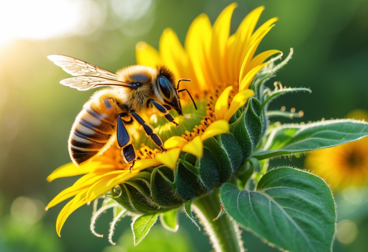 A honeybee sitting on a yellow sunflower with green leaves in the background.