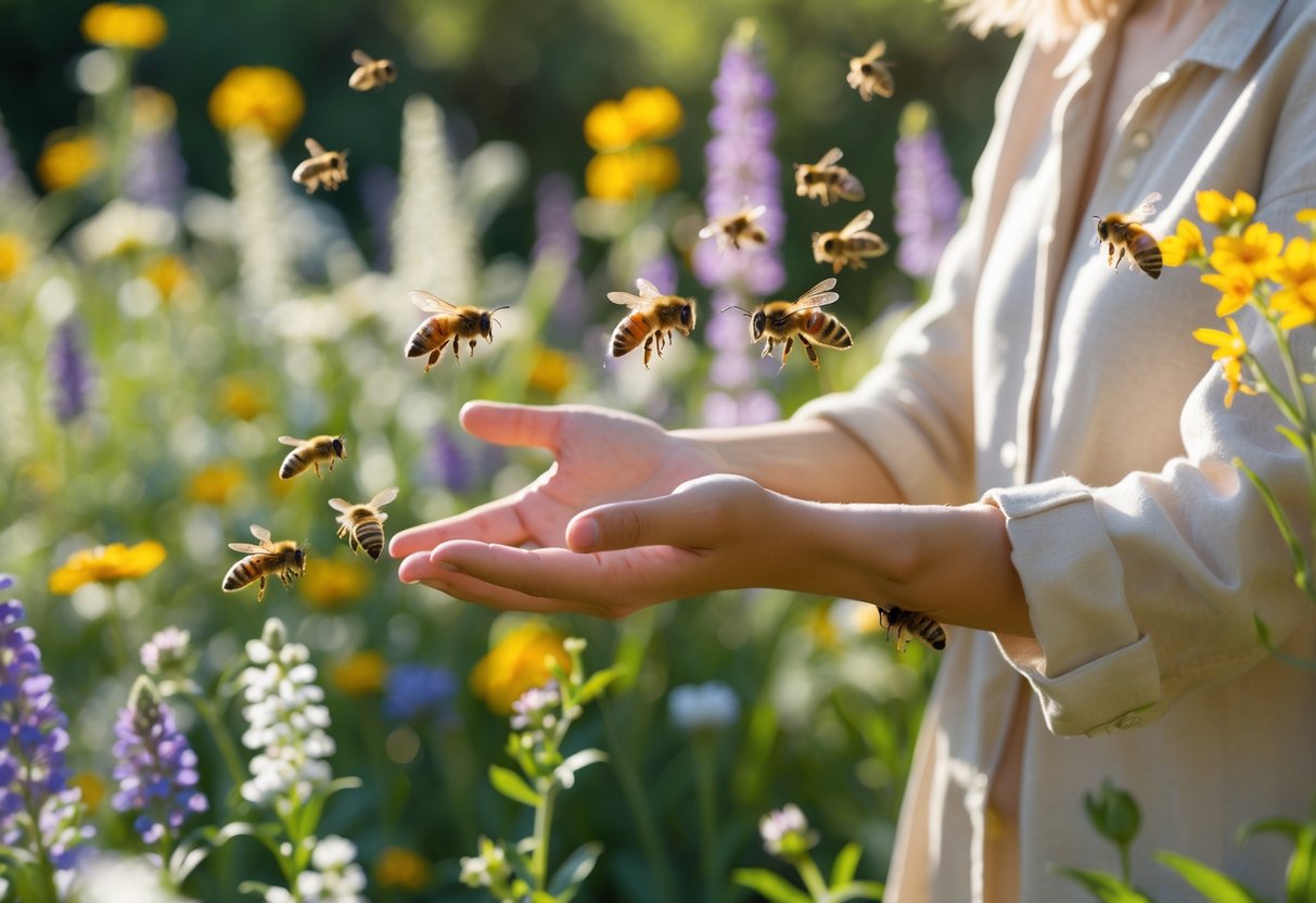 A person standing in a garden with blooming flowers and bees flying near their hands and arms.