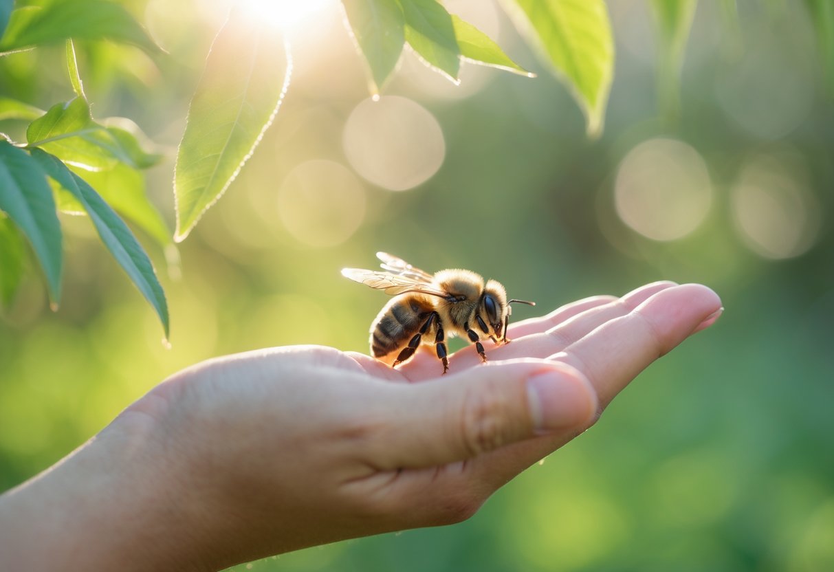 A person gently holding a bee on their fingertip outdoors with green foliage in the background.