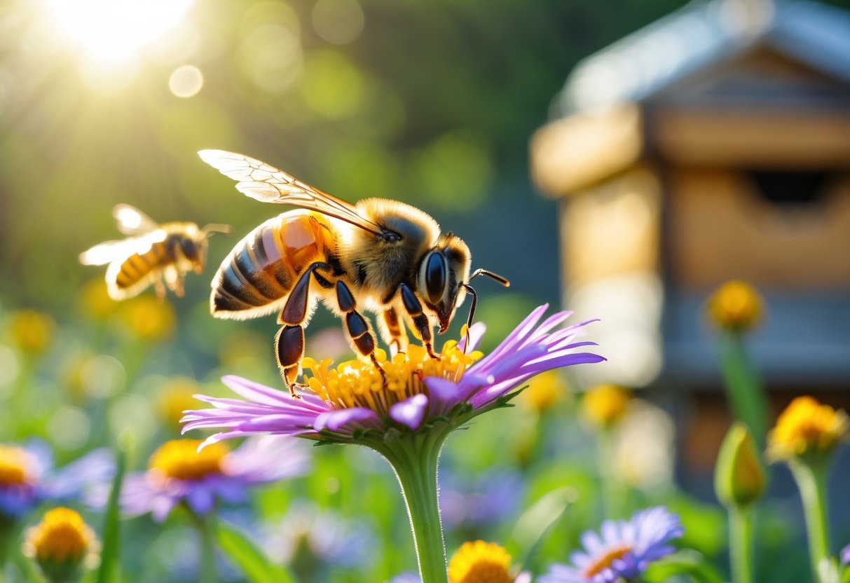 Close-up of a honeybee collecting nectar from a flower with a beehive and other bees visible in the background.