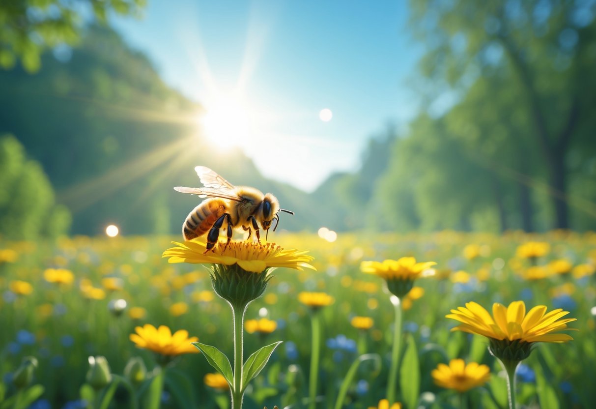 A honeybee perched on a yellow flower in a sunlit meadow with wildflowers and trees in the background.