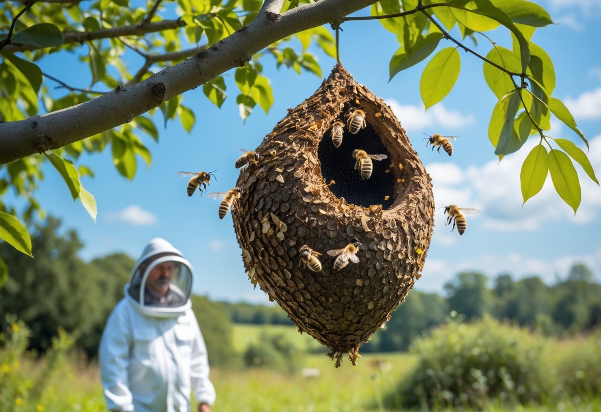 A bee nest hanging from a tree branch with bees flying around it and a person in protective gear standing nearby.
