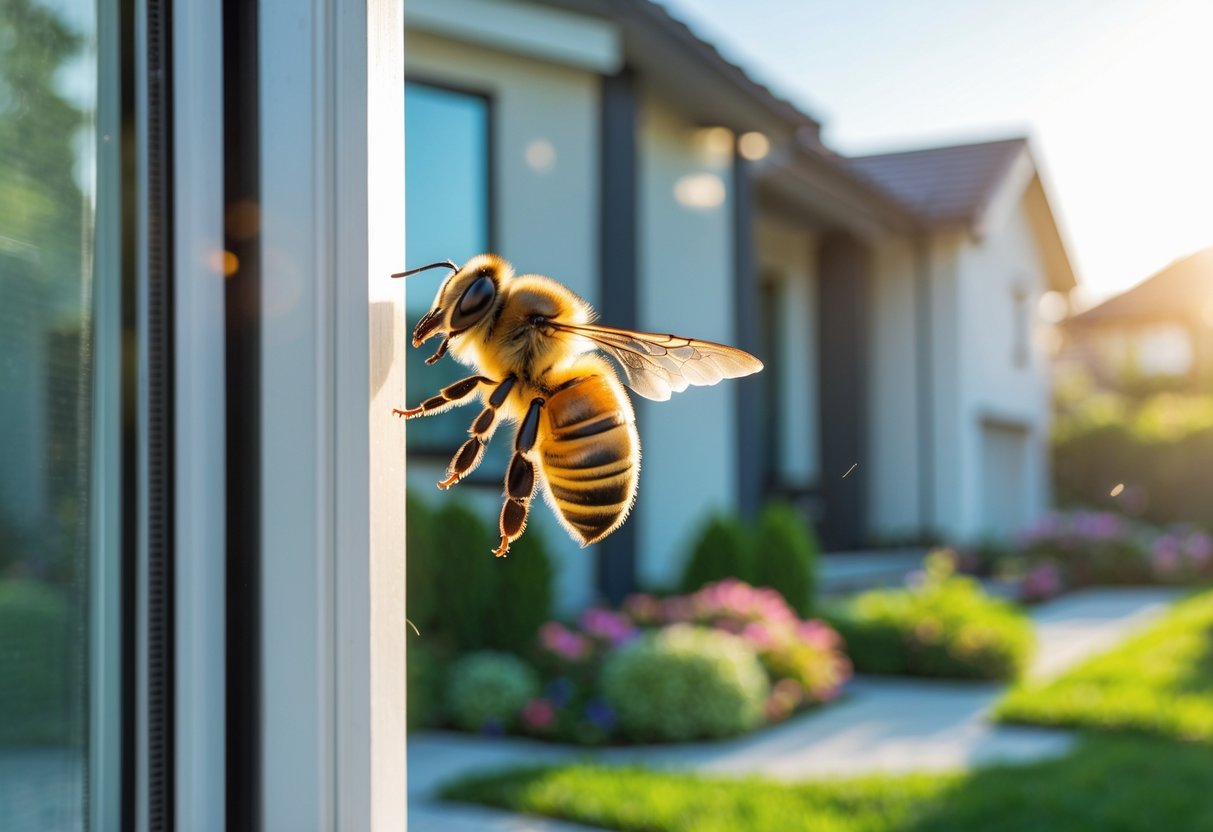 A honeybee landing on the open window frame of a suburban house with a garden in the background.