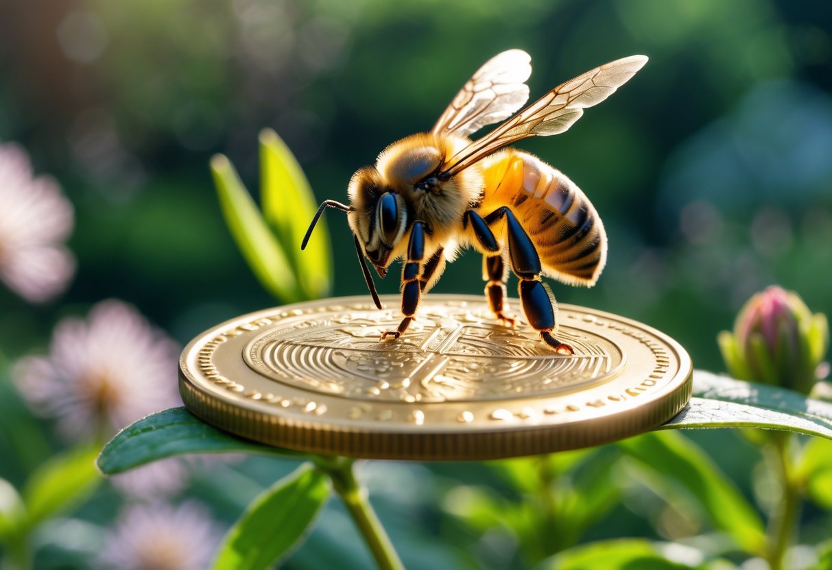 A honeybee sitting on a golden coin with green plants and flowers blurred in the background.