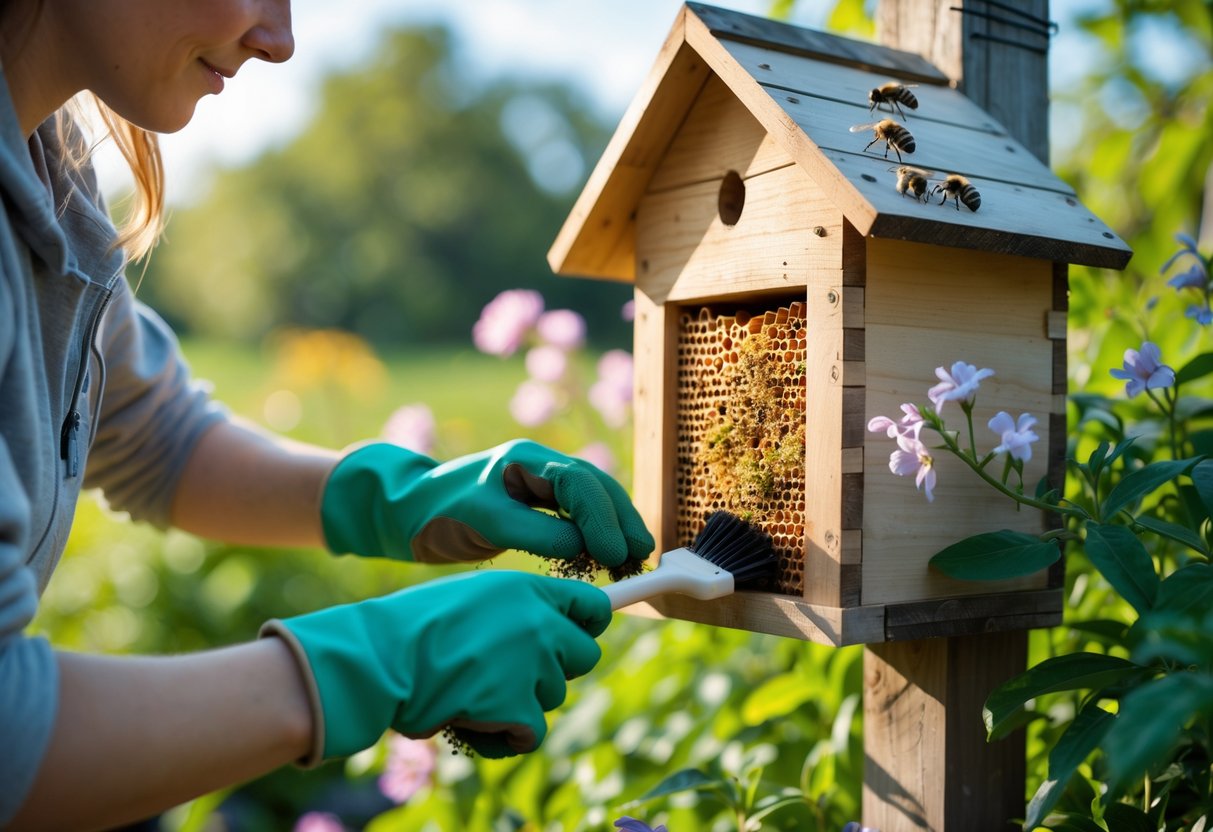 A person cleaning a wooden bee house outdoors surrounded by plants and flowers.
