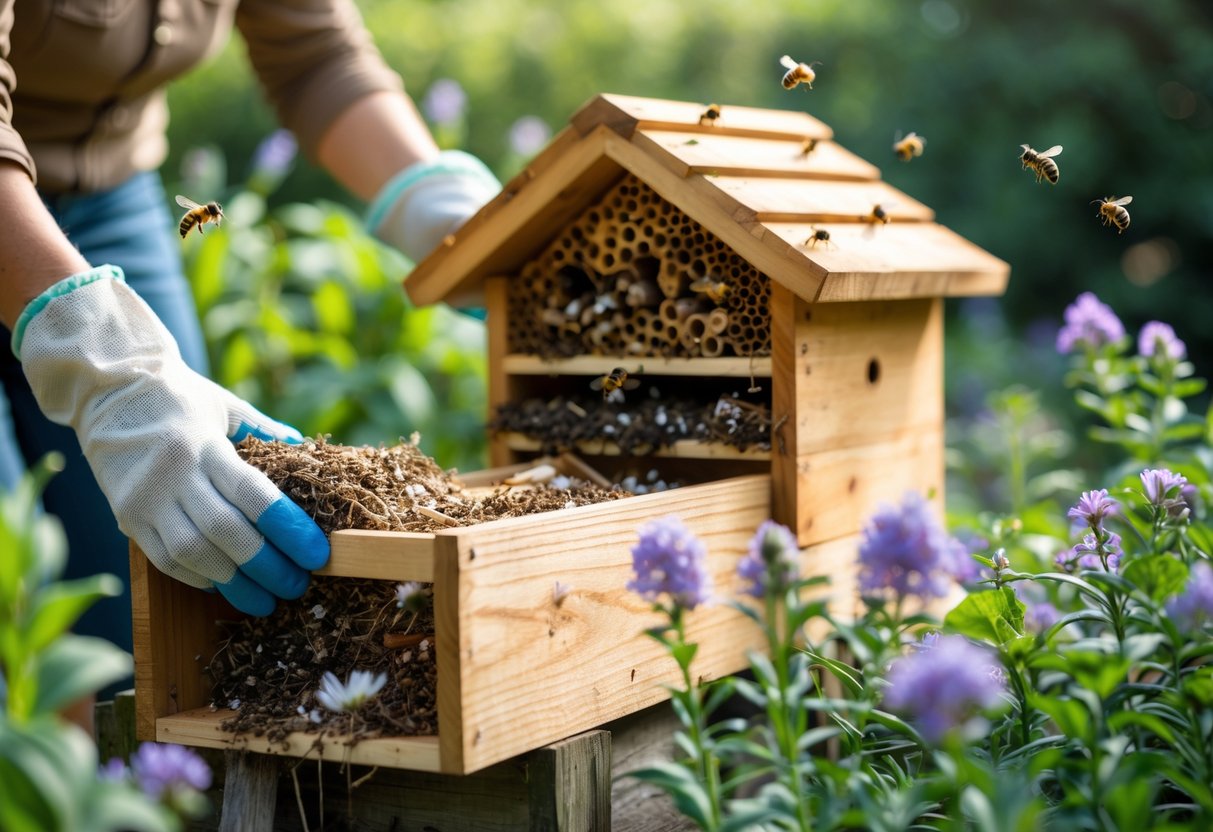 A person wearing gloves cleaning a wooden bee house outdoors surrounded by flowers and greenery with bees flying nearby.