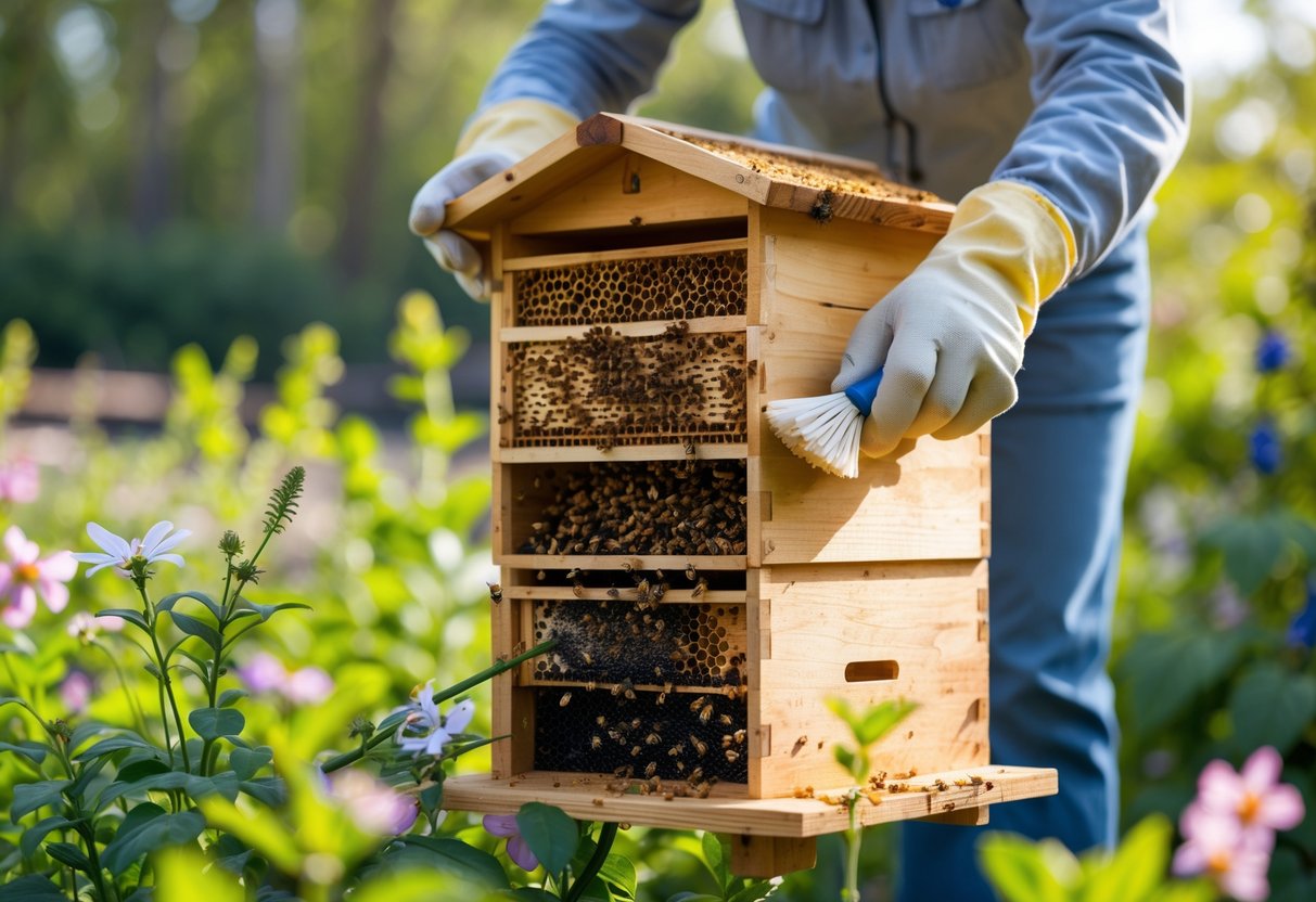 Person cleaning a wooden bee house outdoors surrounded by flowers and greenery.
