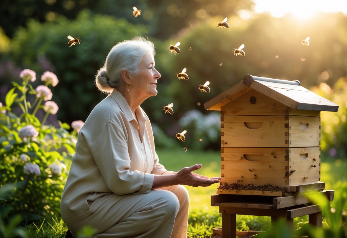 An elderly woman kneeling by a wooden beehive in a garden, gently speaking to the bees with flowers and greenery around her.