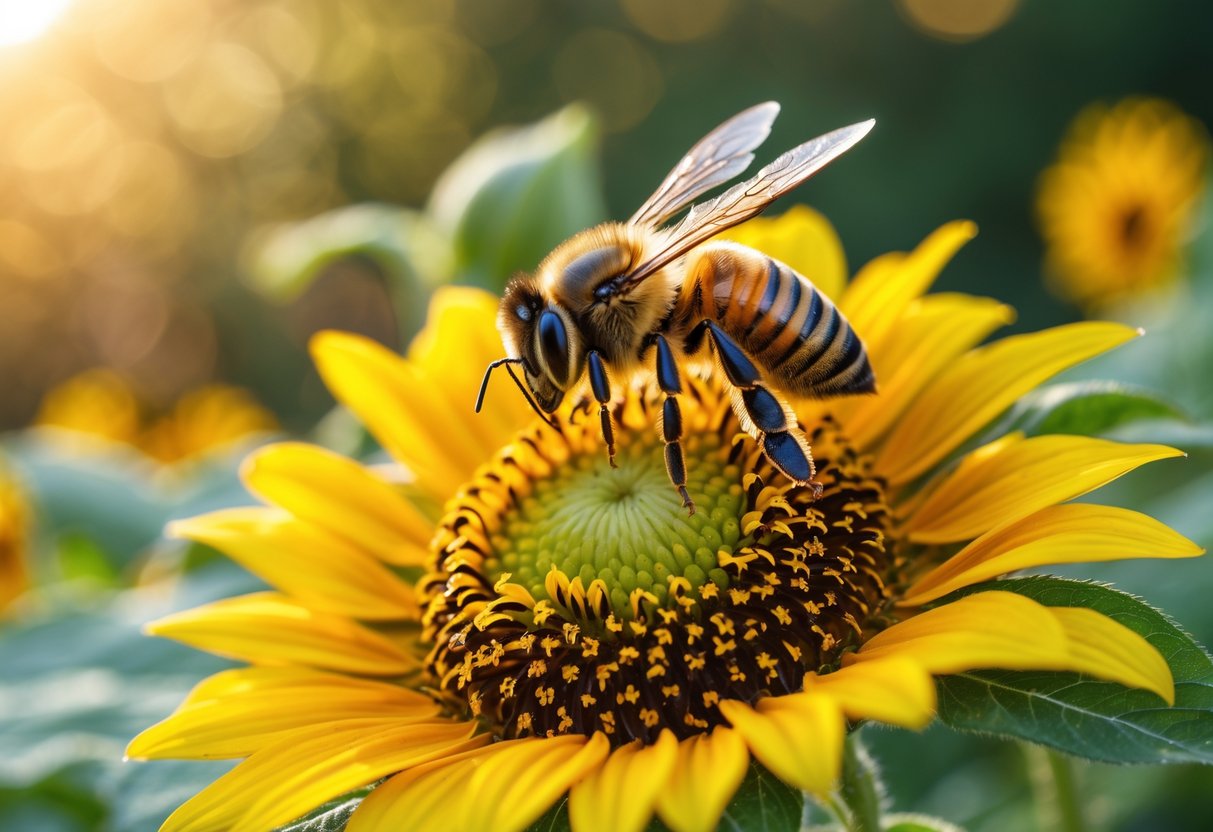 A honeybee collecting nectar from a yellow sunflower with green leaves in the background.