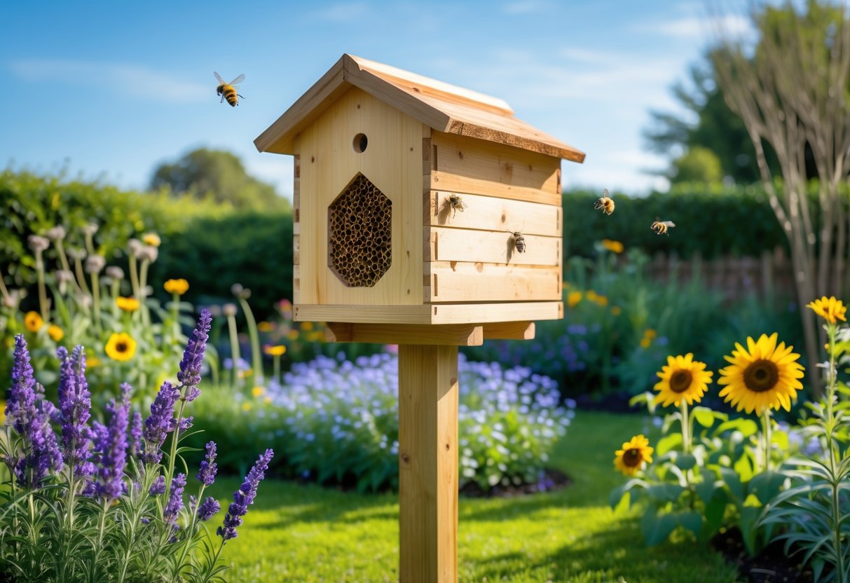 A bee house mounted on a wooden post surrounded by blooming flowers and greenery in a sunny garden.