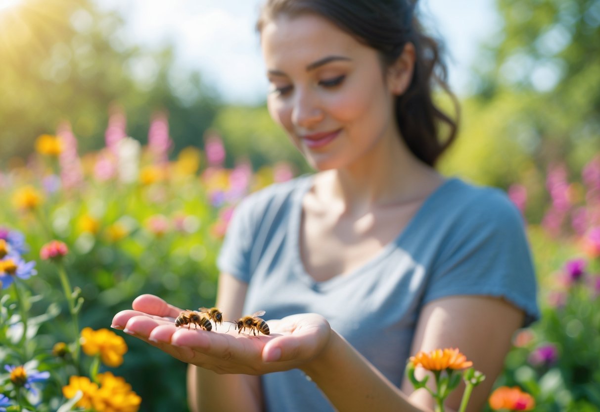 A young woman outdoors in a garden with bees resting on her hand surrounded by flowers.