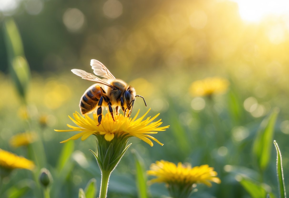 A close-up of a bee resting on a yellow flower in a sunlit meadow with green foliage in the background.