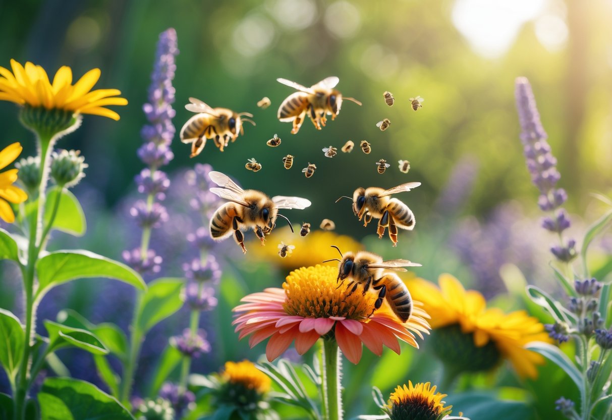 Honeybees pollinating colorful flowers in a sunny garden.