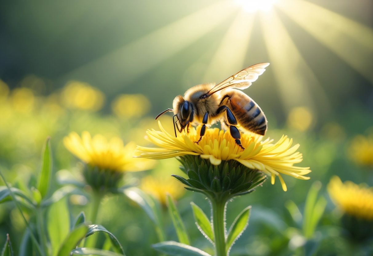 A bee resting on a yellow flower in a sunlit meadow with green plants in the background.